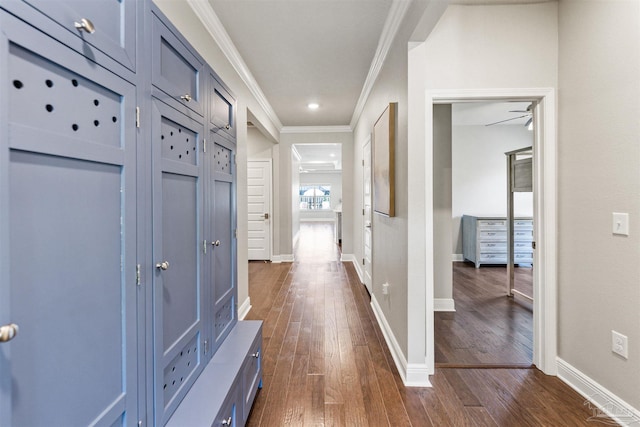 7956 Huntington Creek Ln, Pensacola, FL 32526 - hall with crown molding, baseboards, and dark wood finished floors