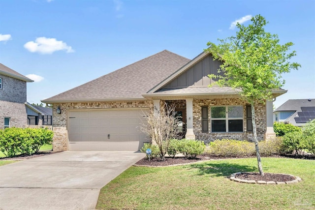 7956 Huntington Creek Ln, Pensacola, FL 32526 - view of front facade with roof with shingles, driveway, board and batten siding, a front lawn, and an attached garage
