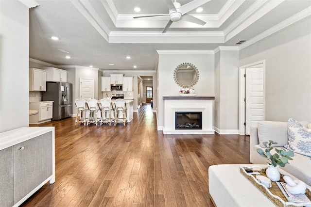 7956 Huntington Creek Ln, Pensacola, FL 32526 - living area with ornamental molding, recessed lighting, a ceiling fan, visible vents, and dark wood finished floors
