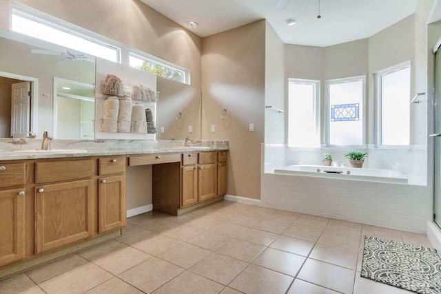 bathroom featuring independent shower and bath, tile patterned floors, vanity, and ceiling fan