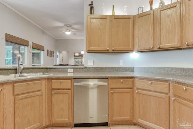 kitchen with ceiling fan, light brown cabinets, sink, ornamental molding, and dishwasher