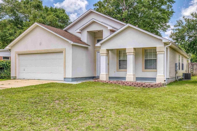 8187 Lode Star Ave, Pensacola, FL 32514 - view of front facade with an attached garage, a front yard, driveway, covered porch, and stucco siding