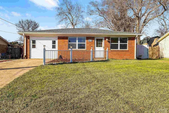 ranch-style house featuring driveway, a front yard, fence, and brick siding