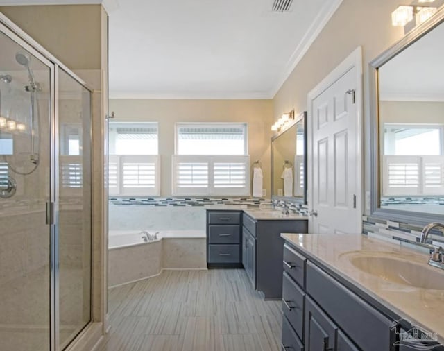 bathroom featuring vanity, separate shower and tub, a wealth of natural light, and tasteful backsplash