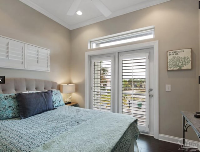 bedroom with ceiling fan, crown molding, and dark wood-type flooring