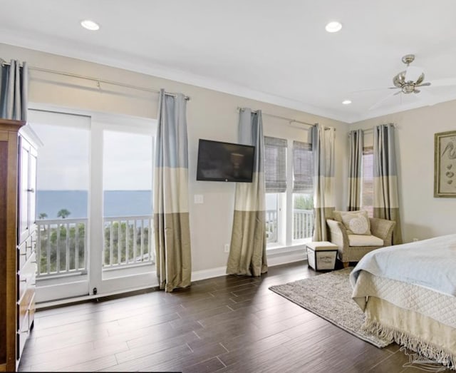 bedroom featuring ceiling fan, access to outside, and multiple windows