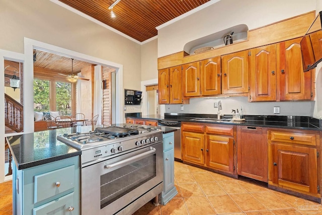 kitchen with dishwashing machine, a center island, high end stove, wooden ceiling, and sink