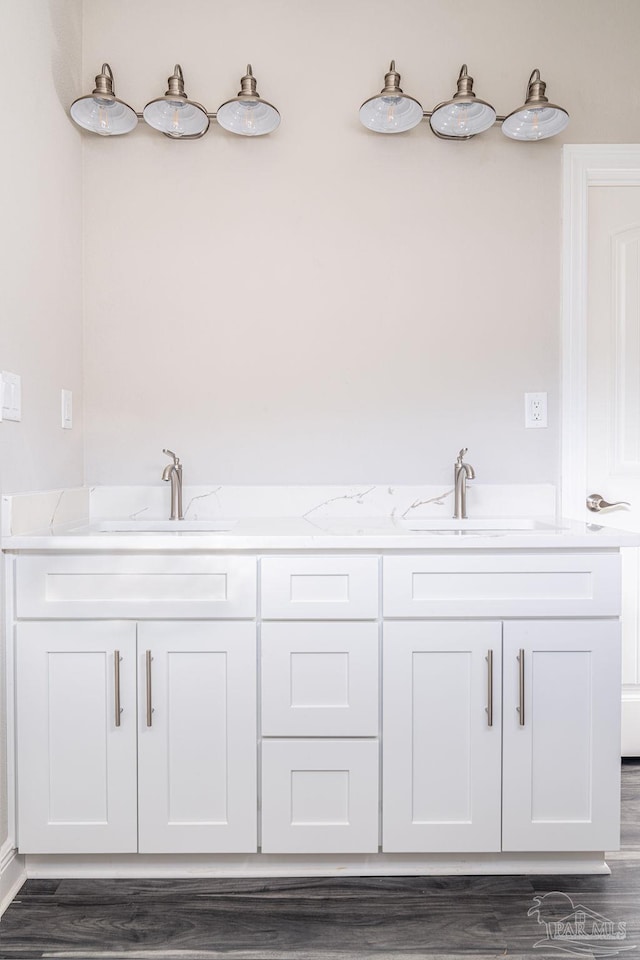 bathroom with wood-type flooring and vanity