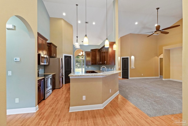 kitchen with light hardwood / wood-style floors, pendant lighting, stainless steel appliances, and high vaulted ceiling