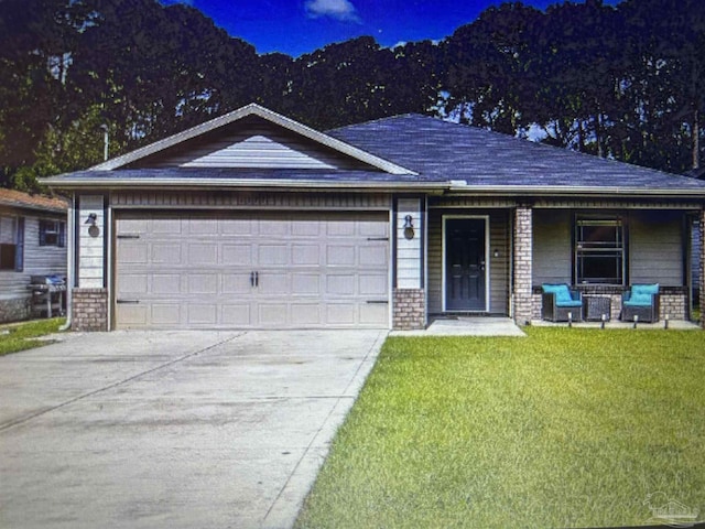 1871 Esplanade St, Navarre, FL 32566 - single story home with a garage, a porch, a front yard, concrete driveway, and brick siding