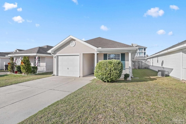 single story home featuring central AC unit, a garage, and a front lawn