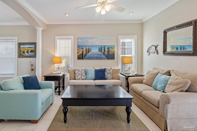 living room with ornamental molding, ornate columns, and ceiling fan