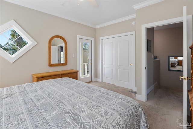 carpeted bedroom with crown molding, ceiling fan, and a closet