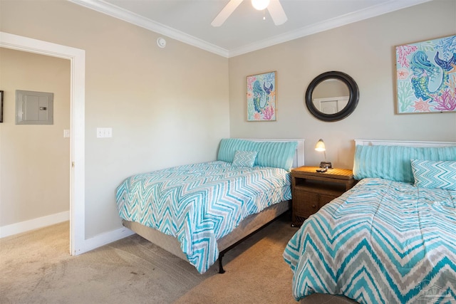 bedroom featuring ceiling fan, electric panel, carpet, and crown molding