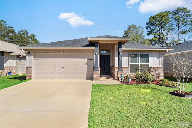 prairie-style home with roof with shingles, a front lawn, a garage, board and batten siding, and concrete driveway
