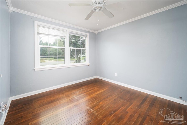 spare room with ceiling fan, wood-type flooring, and ornamental molding