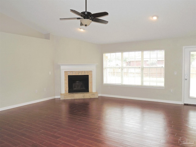4814 Belvedere Cir, Pace, FL 32571 - unfurnished living room with ceiling fan, wood finished floors, vaulted ceiling, and a high end fireplace