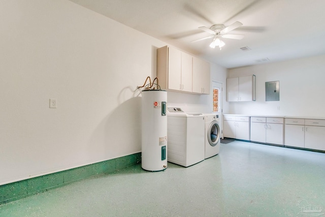 washroom featuring cabinets, ceiling fan, water heater, washing machine and dryer, and electric panel