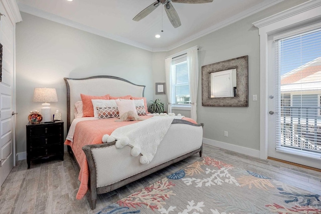 bedroom featuring crown molding, access to exterior, ceiling fan, and hardwood / wood-style floors