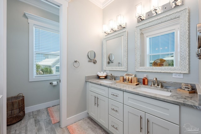 bathroom with crown molding, vanity, and hardwood / wood-style floors