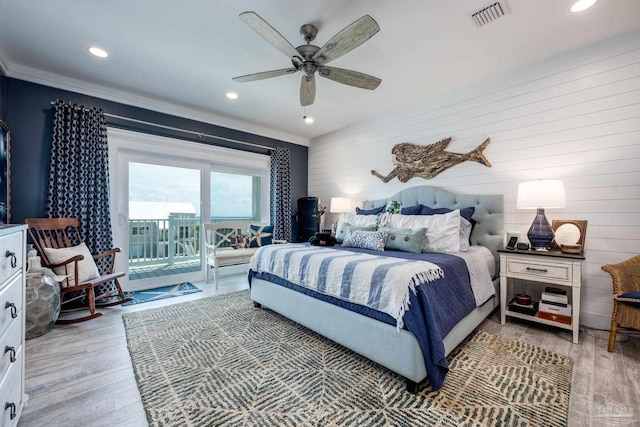 bedroom featuring access to exterior, ceiling fan, ornamental molding, and wood-type flooring