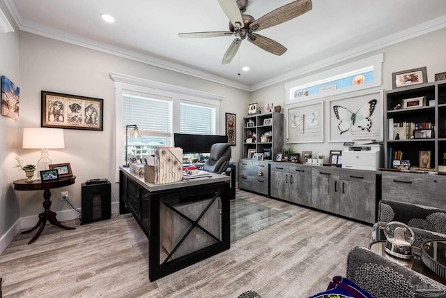 office with light wood-type flooring, ceiling fan, and crown molding