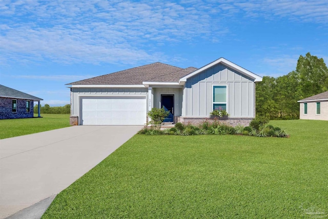 single story home featuring brick siding, a garage, board and batten siding, a front yard, and concrete driveway