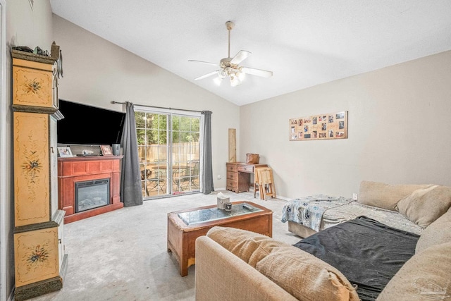 carpeted living room featuring high vaulted ceiling and ceiling fan