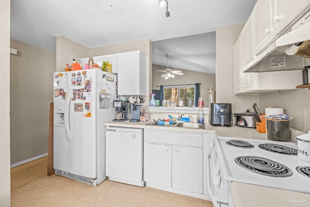 kitchen with lofted ceiling, sink, ceiling fan, white cabinetry, and white appliances