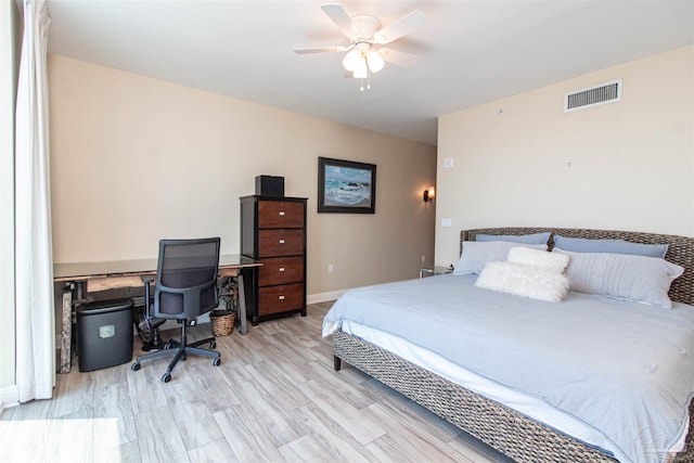 bedroom with ceiling fan and light wood-type flooring