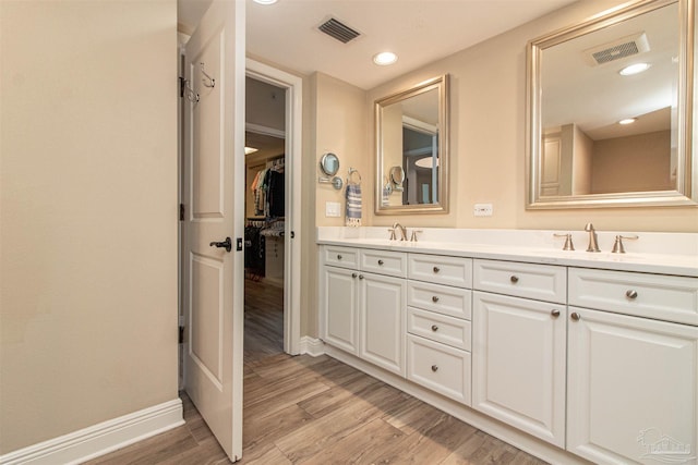 bathroom with hardwood / wood-style floors and vanity