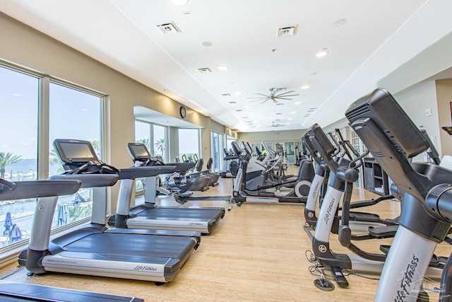 exercise room with ceiling fan and light hardwood / wood-style flooring