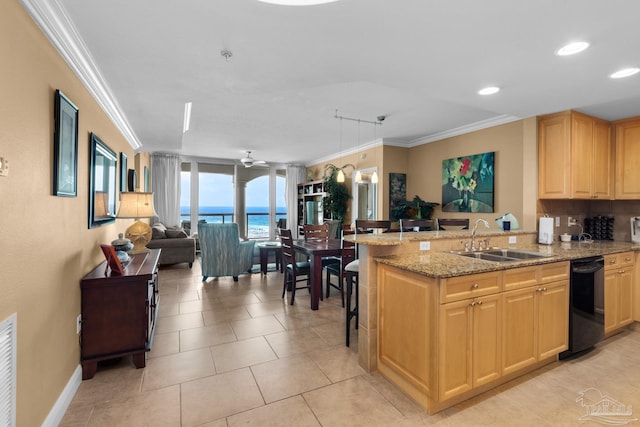 kitchen featuring light stone counters, crown molding, a sink, open floor plan, and black dishwasher