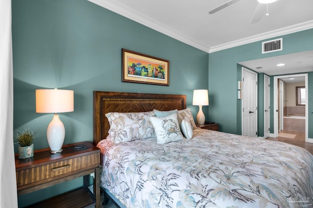 bedroom featuring visible vents, crown molding, a ceiling fan, and connected bathroom