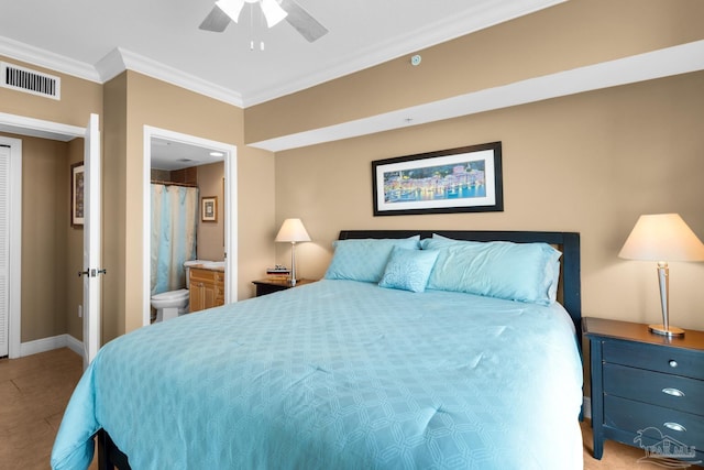 bedroom with visible vents, connected bathroom, crown molding, baseboards, and ceiling fan