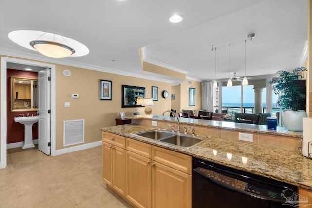 kitchen featuring dishwasher, visible vents, ornamental molding, a sink, and baseboards