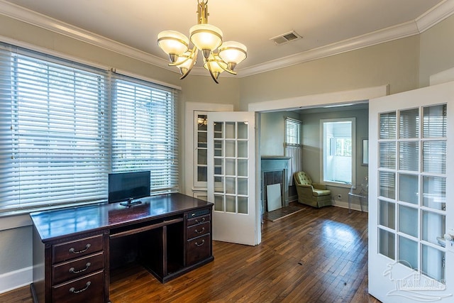 office with ornamental molding, dark wood-style flooring, and visible vents