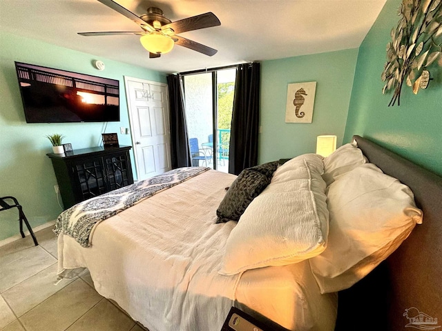 bedroom with ceiling fan, baseboards, access to outside, and tile patterned flooring