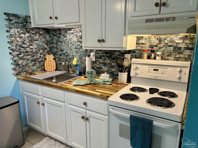 kitchen featuring a sink, white electric range, backsplash, white cabinetry, and under cabinet range hood