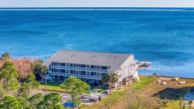 drone / aerial view with a water view