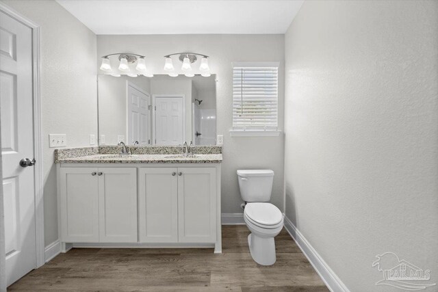 bathroom featuring vanity, hardwood / wood-style floors, and toilet