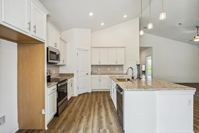kitchen featuring ceiling fan, appliances with stainless steel finishes, a sink, tasteful backsplash, and dark wood-type flooring