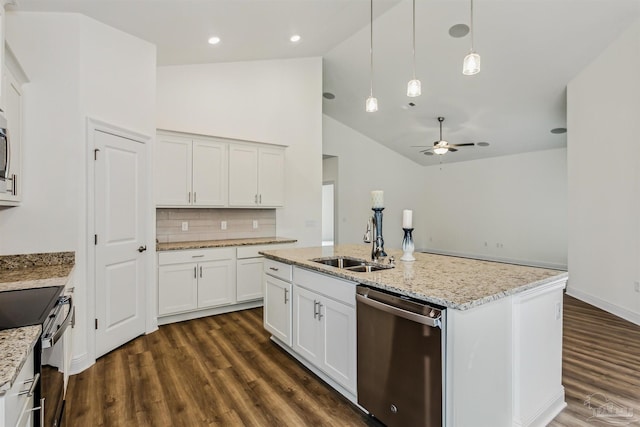 kitchen with decorative backsplash, black / electric stove, stainless steel dishwasher, dark wood finished floors, and a sink