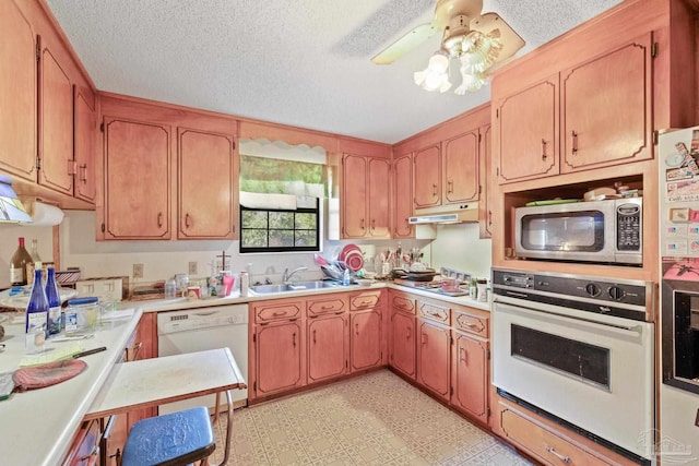 kitchen featuring ceiling fan, sink, and white appliances