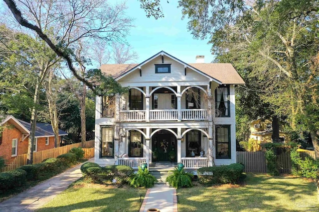 view of front facade featuring a balcony, a chimney, covered porch, fence, and a front lawn