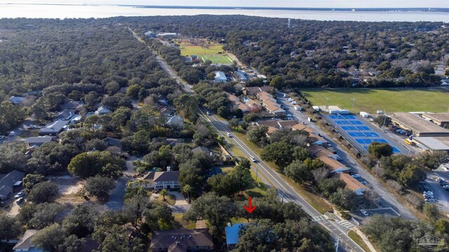 drone / aerial view with a water view