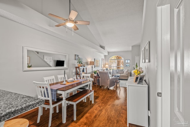 dining area with vaulted ceiling, ceiling fan, a textured ceiling, and dark hardwood / wood-style flooring