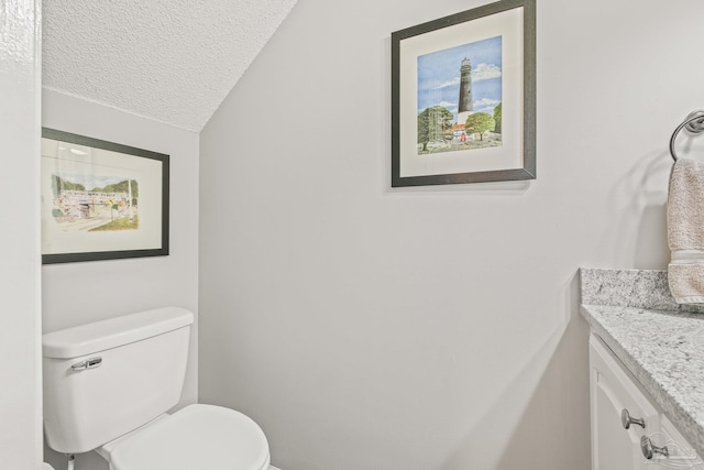 bathroom featuring vanity, lofted ceiling, a textured ceiling, and toilet