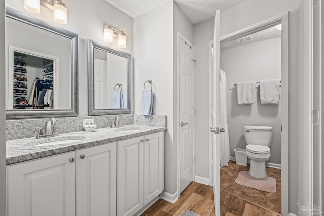 bathroom with toilet, a textured ceiling, vanity, and hardwood / wood-style floors