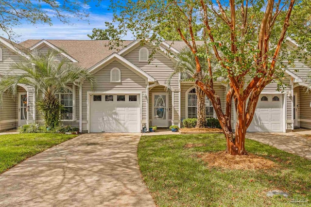 view of front of property with a front lawn and a garage